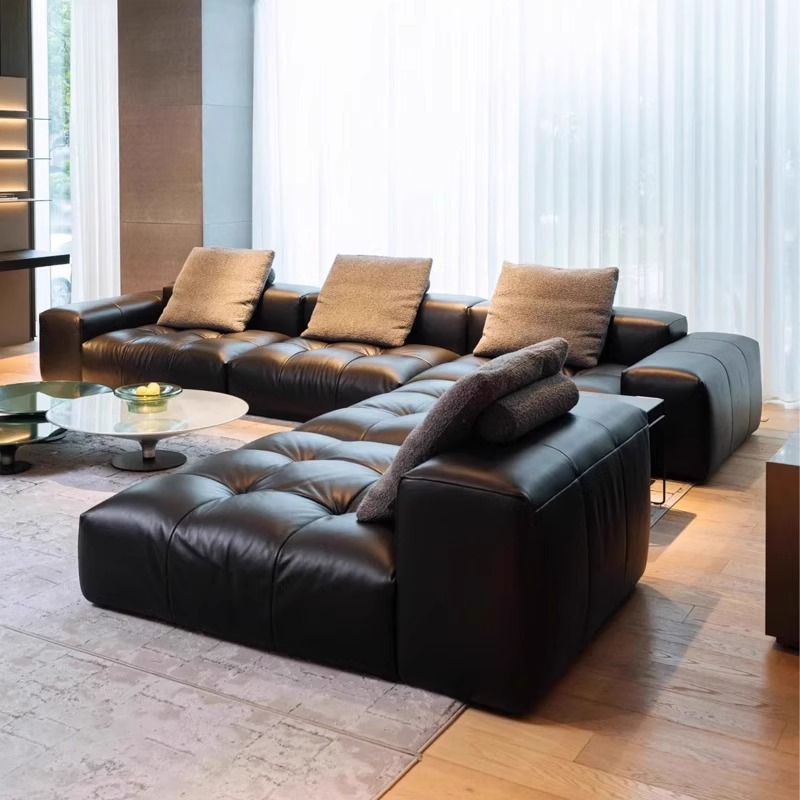 Italian Minimalist Pixel Leather Sofa for Living Room, Top-Grain Cowhide, Black, High-End Leather Art, Straight-Row Modular Combination