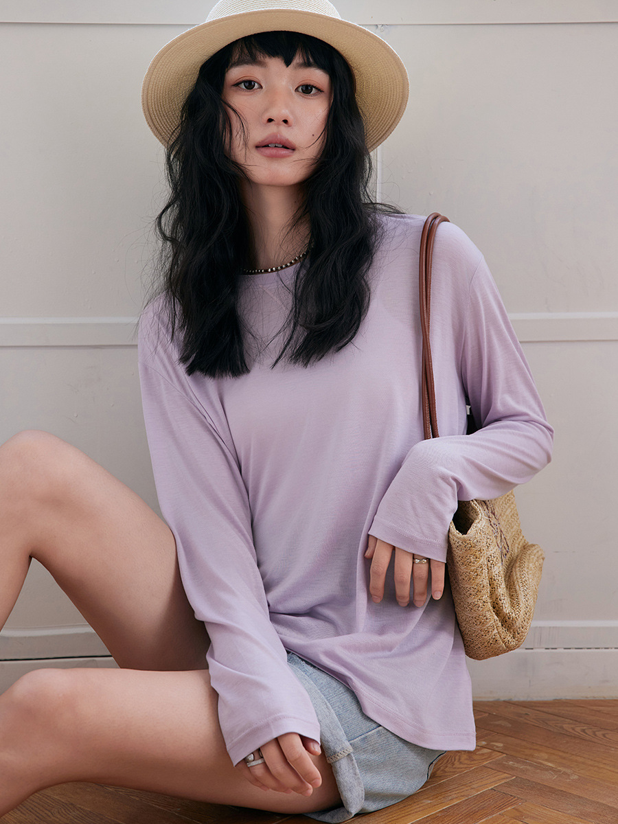 Tencel Acetate Lyocell Bottoming Shirt for Women 2025 Spring and Summer Round Neck Blouse Loose Sheep Wool Long-Sleeved Top