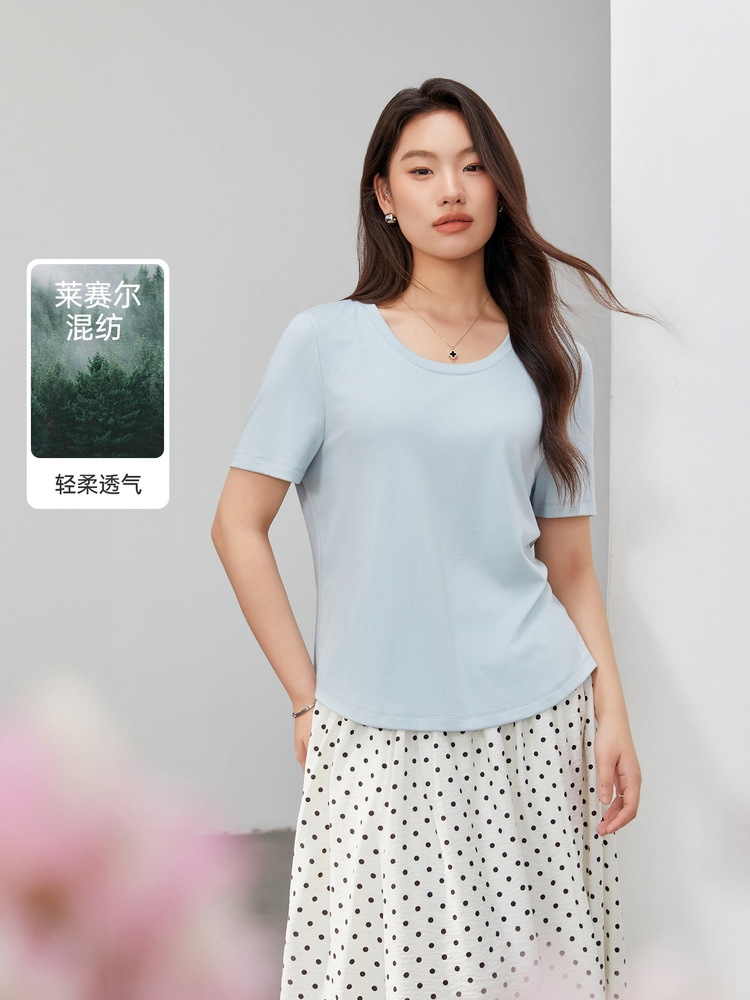 [Oxygen in Summer] Orofeng Lyocell Round Neck T-Shirt Slim Show Plus Size Women's Fat Mm2025 Summer New Style