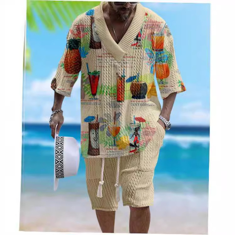 Cross-border 3D Printed Jacquard suit Men's Summer Loose Short-sleeved T-shirt Shorts V-neck Sports suit Two-piece Men's Wear