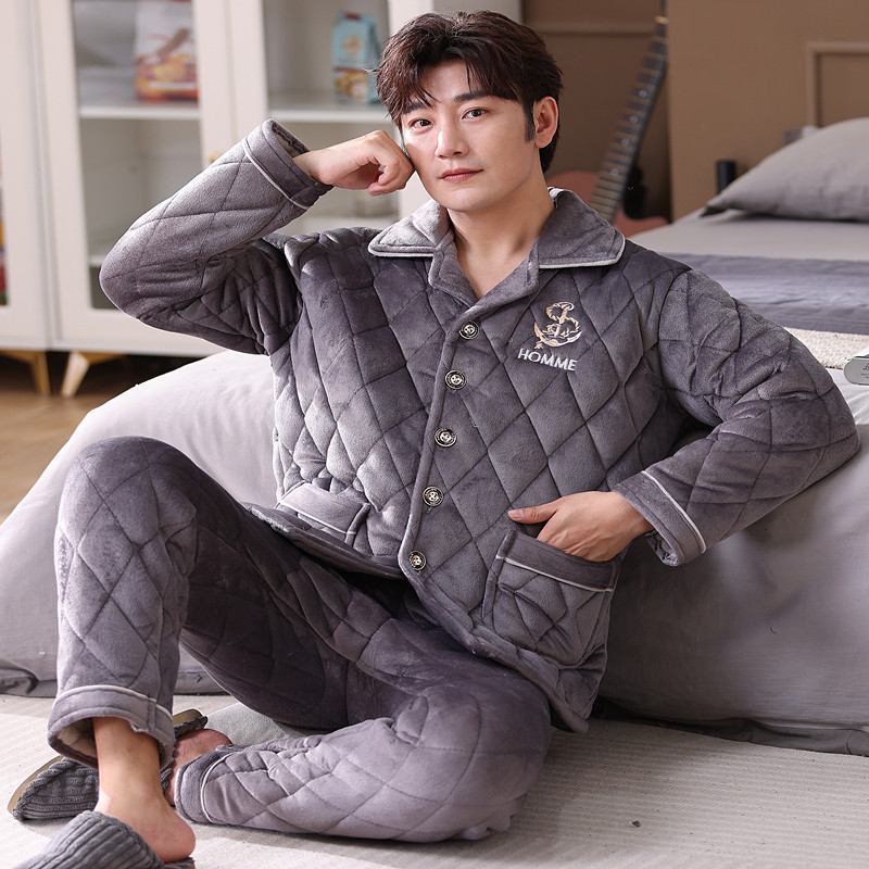 Men's Pajamas Winter Thickened Fleece-lined Three-layer Quilted Coral Fleece Flannel Winter Warm Home Clothes for Middle-aged and Young People
