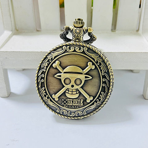 One Piece Luffy Pocket Watch Bronze Hollow Skull Flip Pocket Watch Vintage Anime Student Quartz Necklace Watch