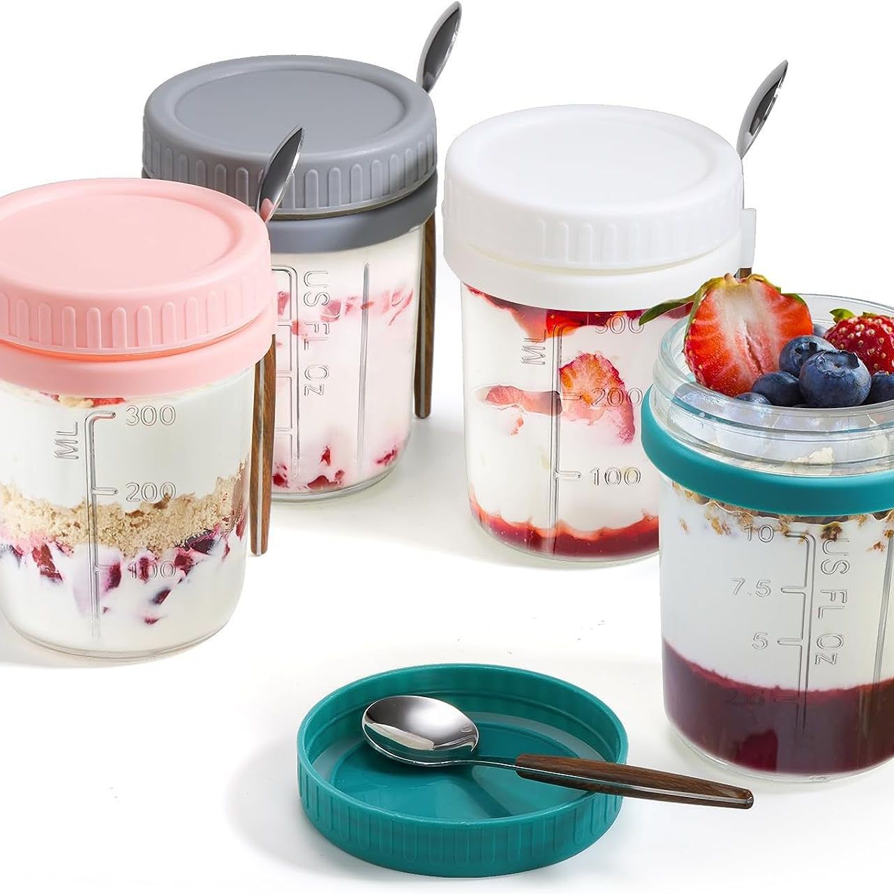 Overnight Oatmeal Cup Yogurt 12oz Breakfast Cup Mason Cup Milk Glass with Spoon and Lid Graded Salad Cup