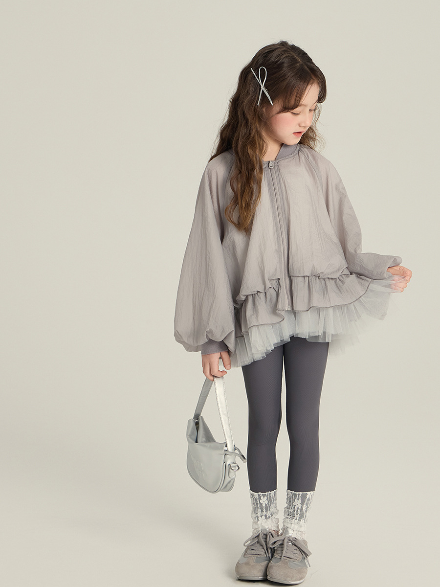 Elmo Beibei 2025 Spring New Korean Style Western Style Princess Style Mesh Hem Tops Flower Bud Top for Medium and Large Girls