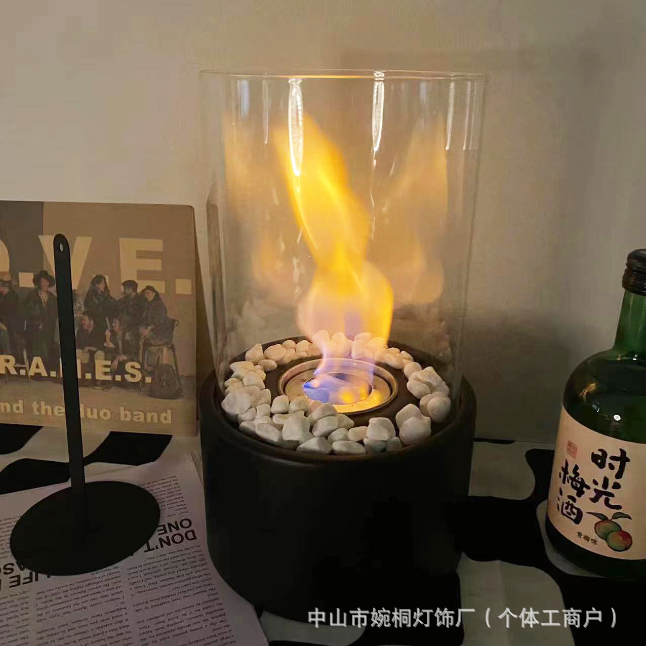 Desktop Alcohol Fireplace Lamp Indoor Stainless Steel Mini Portable Heating Stove Round Glass Smokeless Ornament Lamp