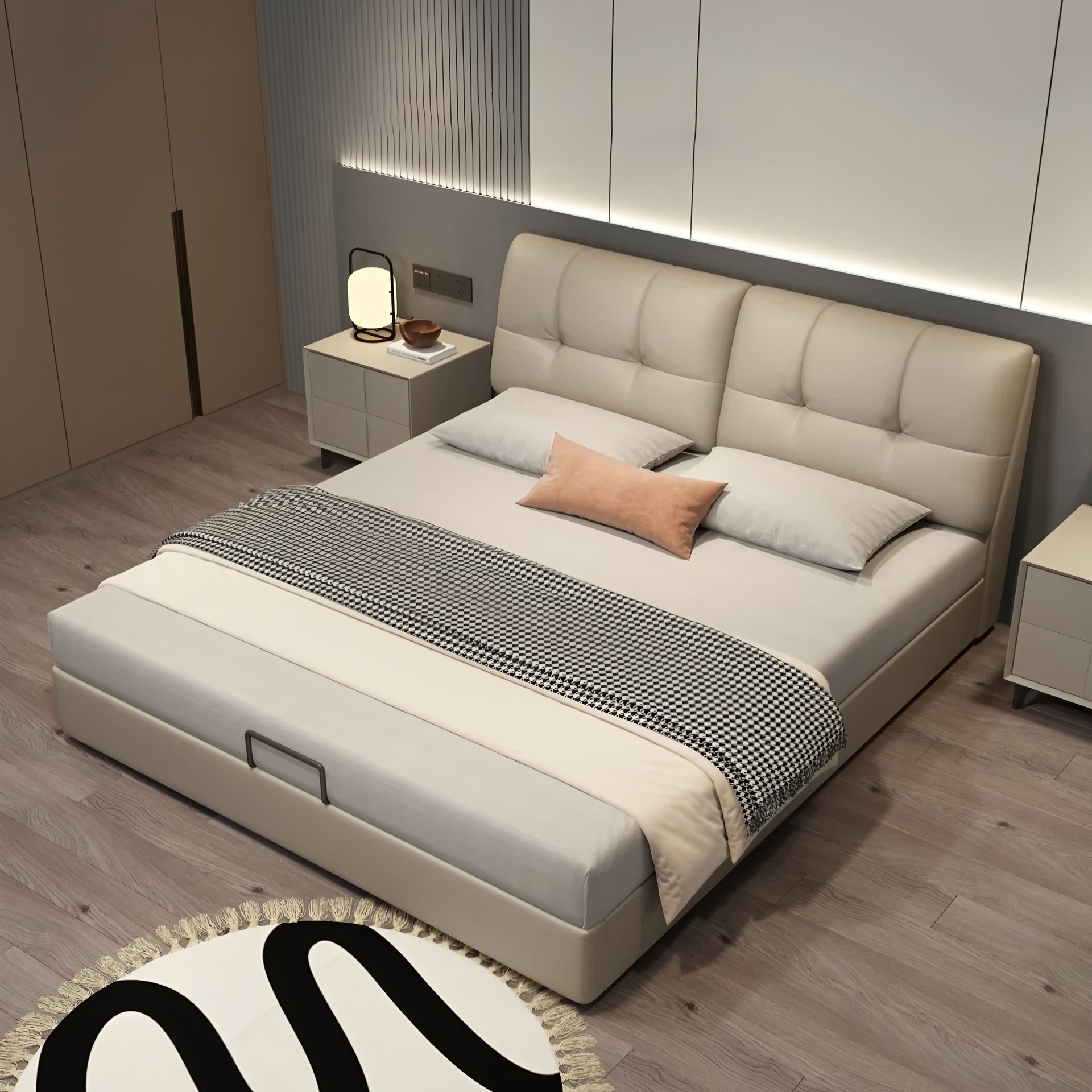 Master Bedroom with Large Storage, Leather Art Bed with Storage Drawers, Modern Simple Soft-Packed Double Bread Bed