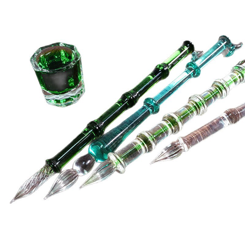 Bamboo Zhi - Glass Pen Dip Pen with Colored Ink, Bamboo Transparent Fountain Pen, Crystal Glass Pen with High Aesthetic Value