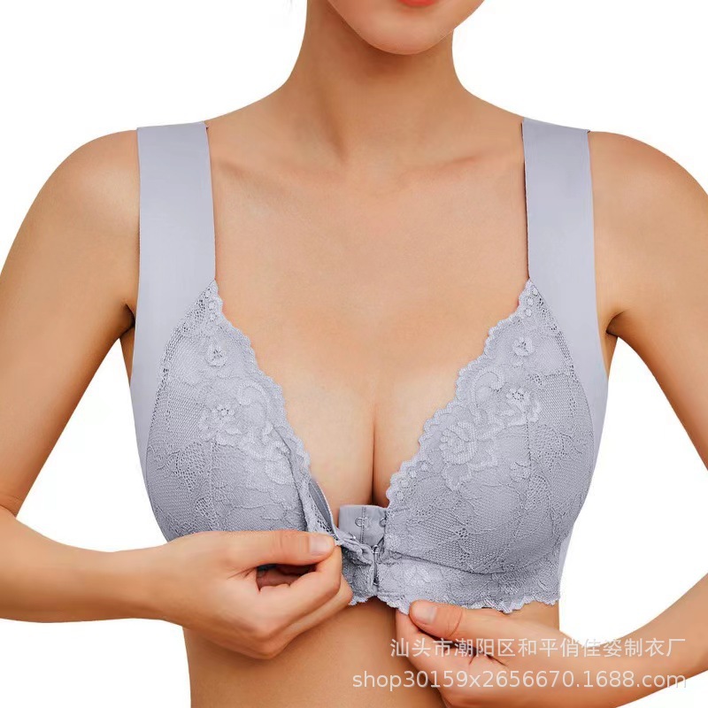 Cross-border foreign trade plus size front buckle thin bra lace sexy wireless gathered seamless vest women's underwear