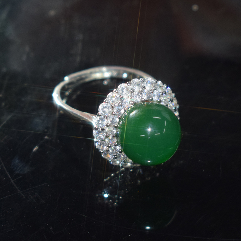 Flash zircon adjustable 7A high quality green chalcedony ring is round strong light ring live factory direct batch