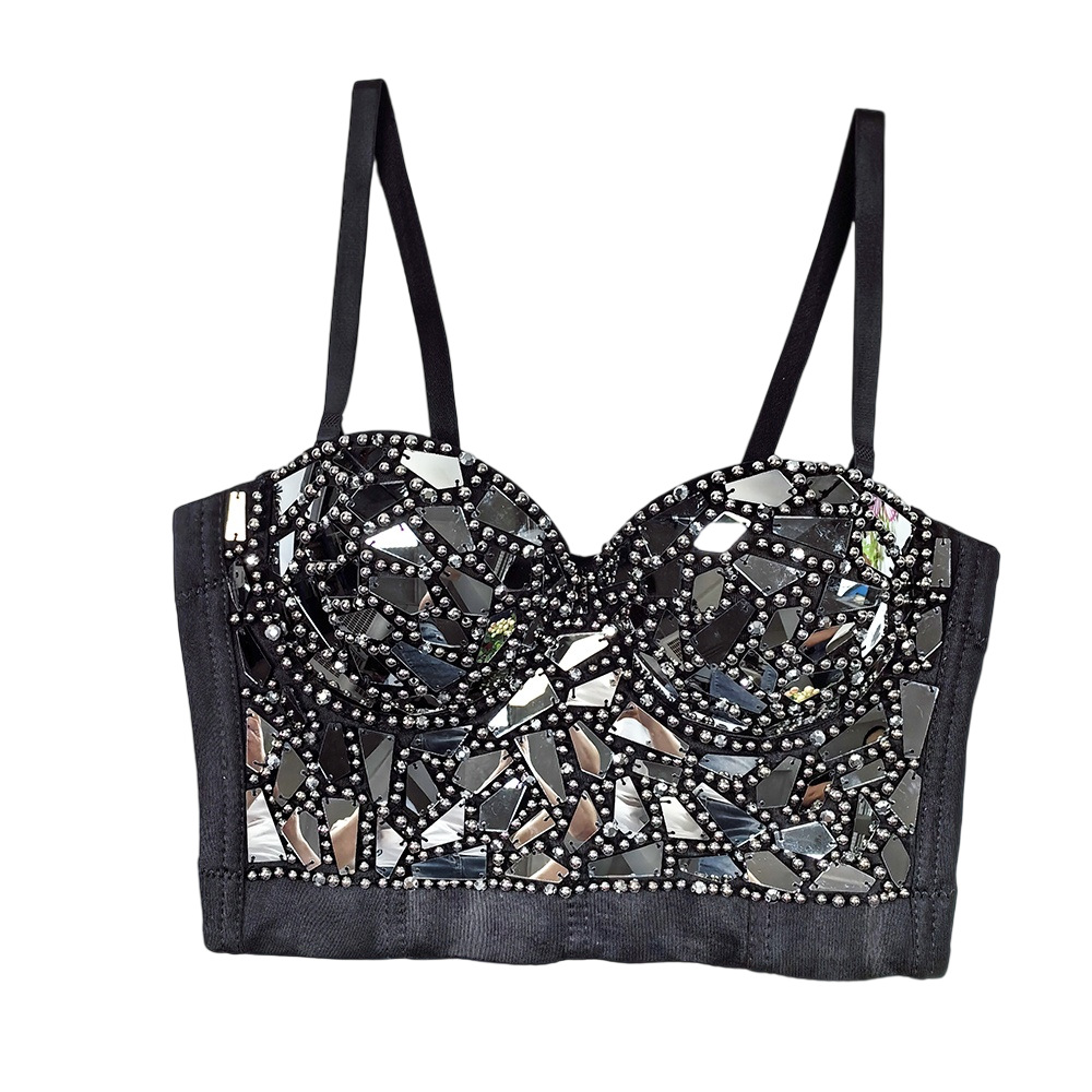 European and American Sexy Vest Suspender Shiny Glass Sheet Stage Performance Outer Wear Hot Selling Beaded Fishbone Top High-End