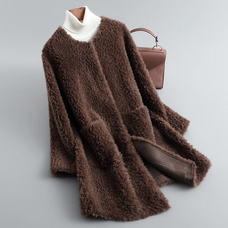 2025 Capsules Sheep Shear Fur Outwear Women's Mid-Length Lamb Wool Imitation Fur One-Piece Outwear Winter