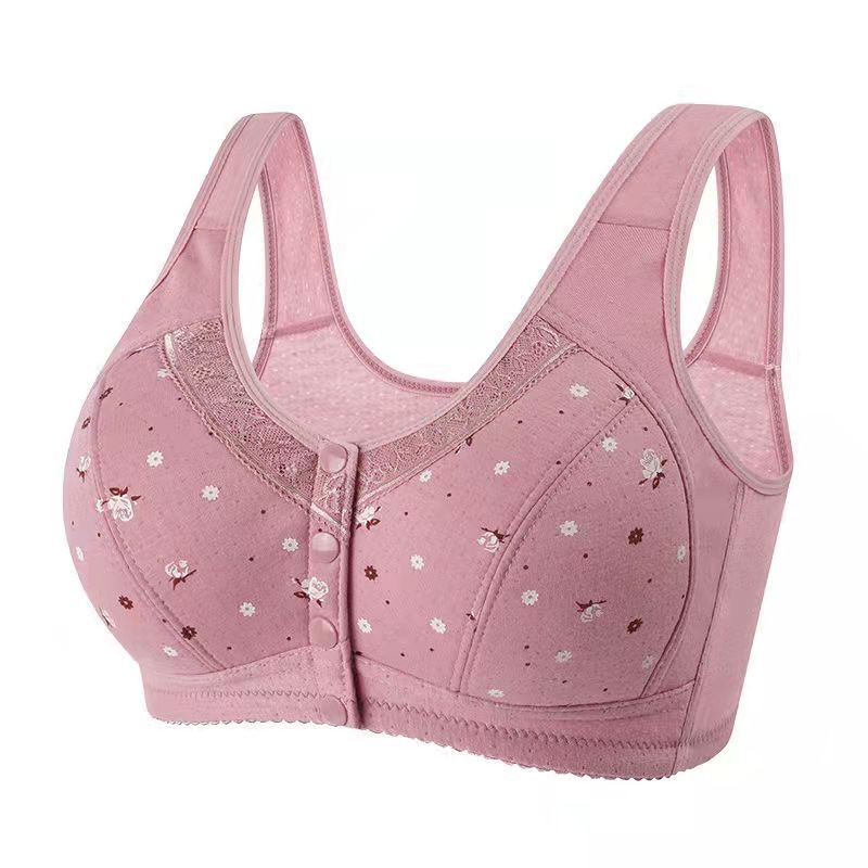 Spring and Summer Large Size Middle-aged Underwear Pure Cotton Non-rimmed Bra Front Buckle Lace Edge Printed Vest Bra