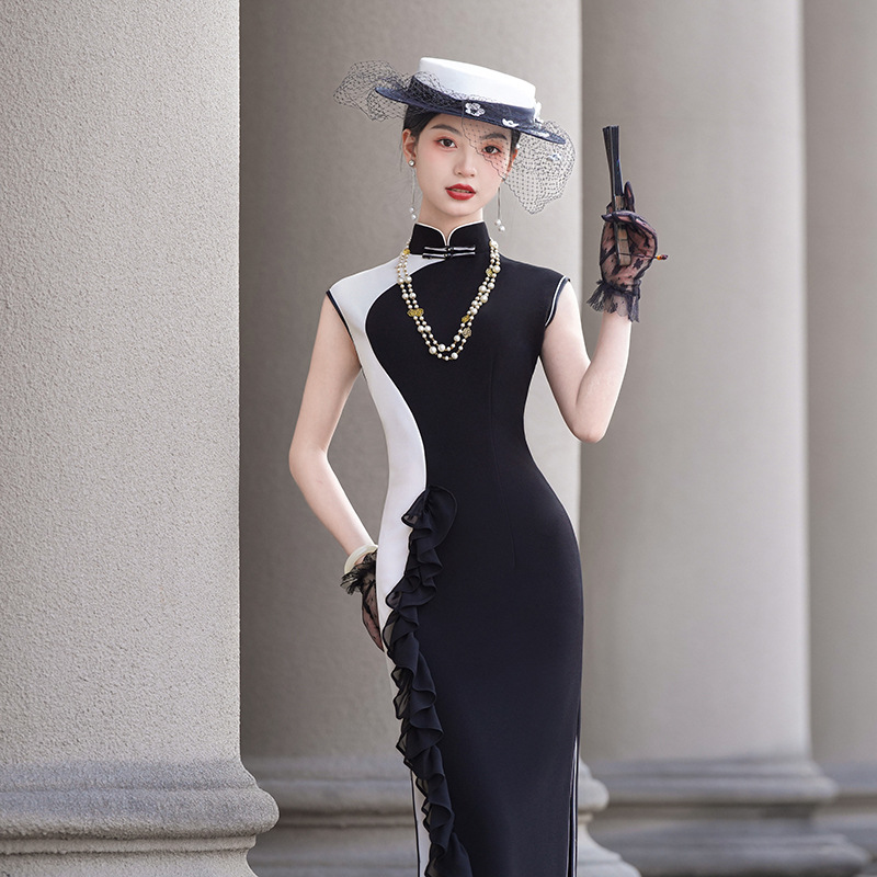 New Cheongsam Improved Retro Ruffled Long Cheongsam Old Shanghai Elegant Slimming Young Cheongsam 2025