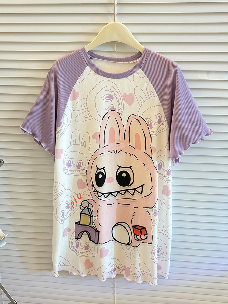 Children's Summer Thin Long Nightgown Girls' Ice Silk Casual Lace Short-sleeved Nightgown Baby's Cartoon Pajamas Air-conditioning Clothes