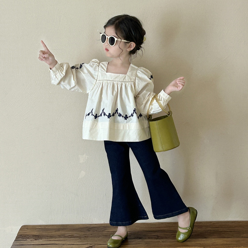 Children's Korean-style Shirt 2025 Spring New Girls' Sweet Girl Square Collar Doll Shirt Top All-match Loose Jeans