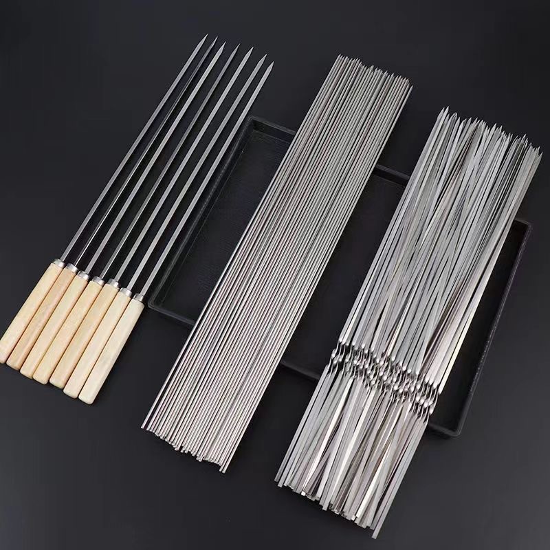 Stainless steel barbecue stick wooden handle stick round stick flat stick barbecue shop lamb skewers barbecue needle steel needle barbecue stick wholesale