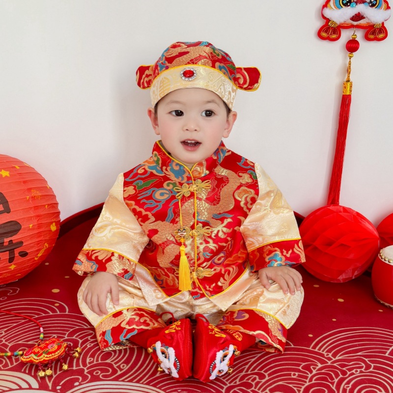 25 Spring New Products New Chinese-style Weeks Grab Dress for Boys Baby and Young Children Birthday Banquet Festive suit Baby One-year-old Crown Coat