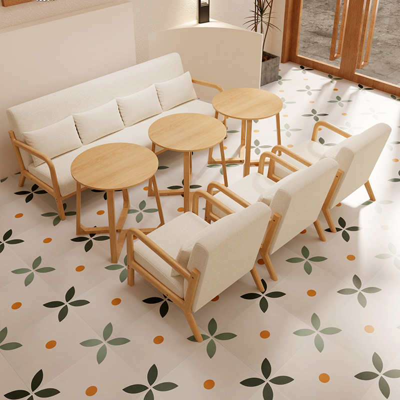 Sponge Solid Wood Restaurant Hot Pot Restaurant Cafe Table and Chair Combination Milk Tea Shop Deck Leisure Area Small Round Table Sofa