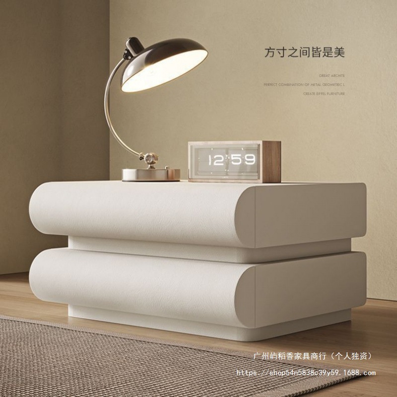 2024 New Internet Popular Cream Style White Bedside Cabinet Leather Italian Minimalist Bedroom Solid Wood Bedside Storage