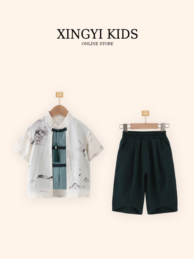 Children's Hanfu Boys' Short-sleeved Suit Summer National Style New Chinese Style Fake Two-piece 561 Kindergarten Performance Costume