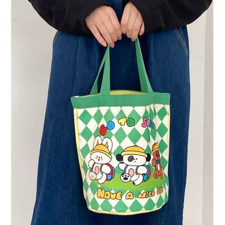 Cute Graffiti Canvas Bucket Bag Children's Fun Illustration Portable Mommy Storage Bag Student Handbag Work Lunch Bag