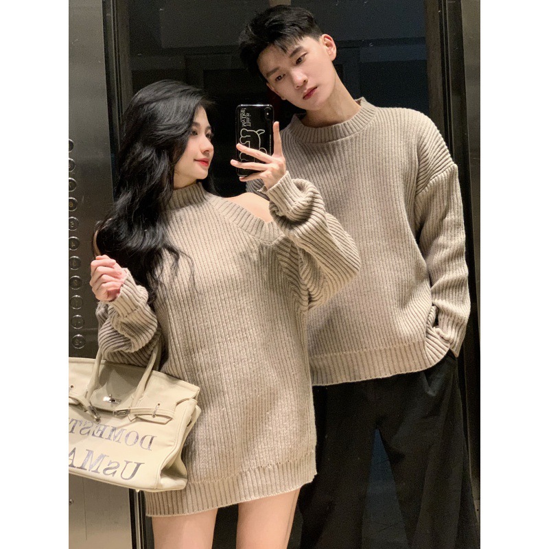 Couple wear autumn and winter new women's off-the-shoulder sweater skirt men's pullover round neck sweater sweater