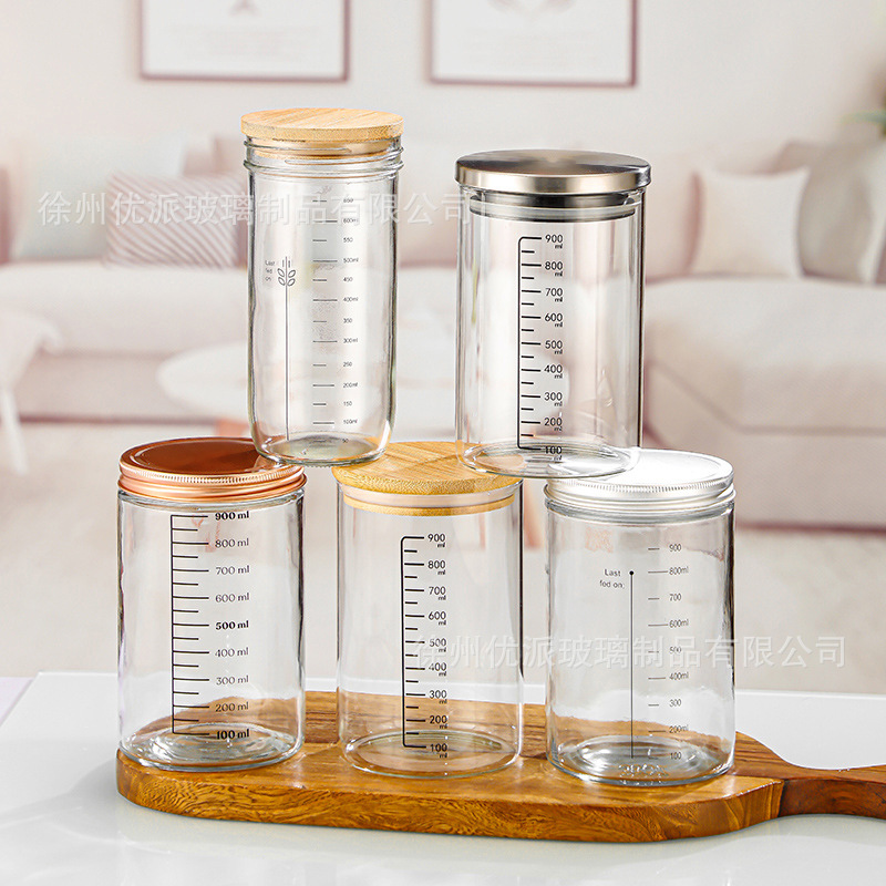 Mason Jar Transparent Glass Jar Sealed Kitchen Coarse Grain Storage Jar with Scale Food Packaging Sealed Bottle