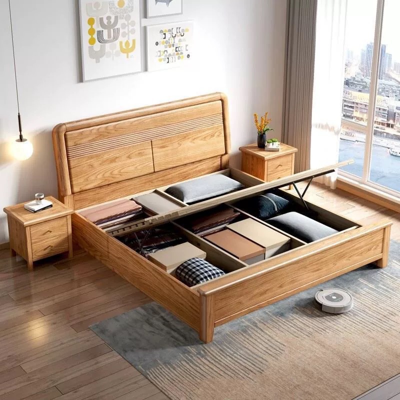 Red Oak Solid Wood Bed 1.8m Master Bedroom Double Bed Home 1.5m Air Pressure High Box Storage Bed Kidsren's Single Bed