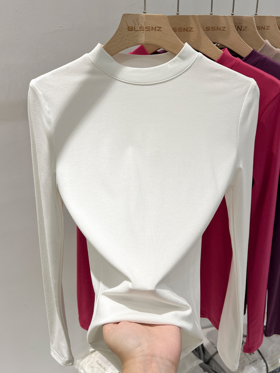 Футболка с маленьким стоячим воротником, белая, длинный рукав, женская, весна, облегающая, тонкая базовая футболка