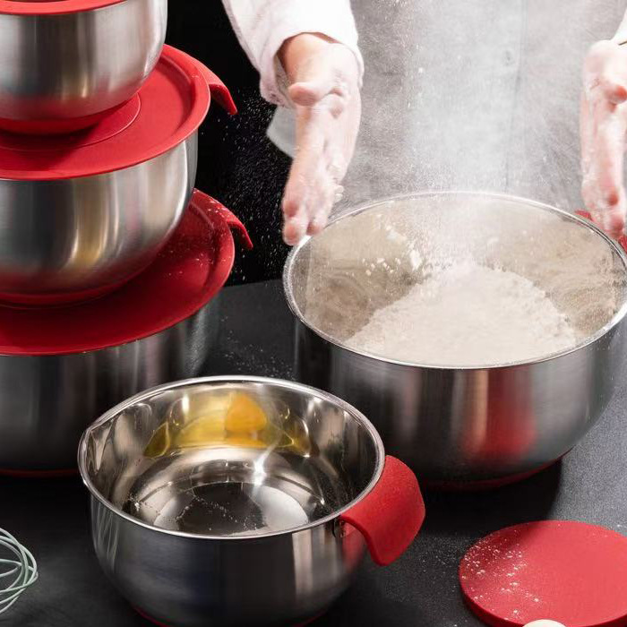 Stainless Steel Basin Household Silicone Bottom Handle Bowl Salad Basin Multifunctional Shredded Salad Bowl with Lid Egg Bowl Set