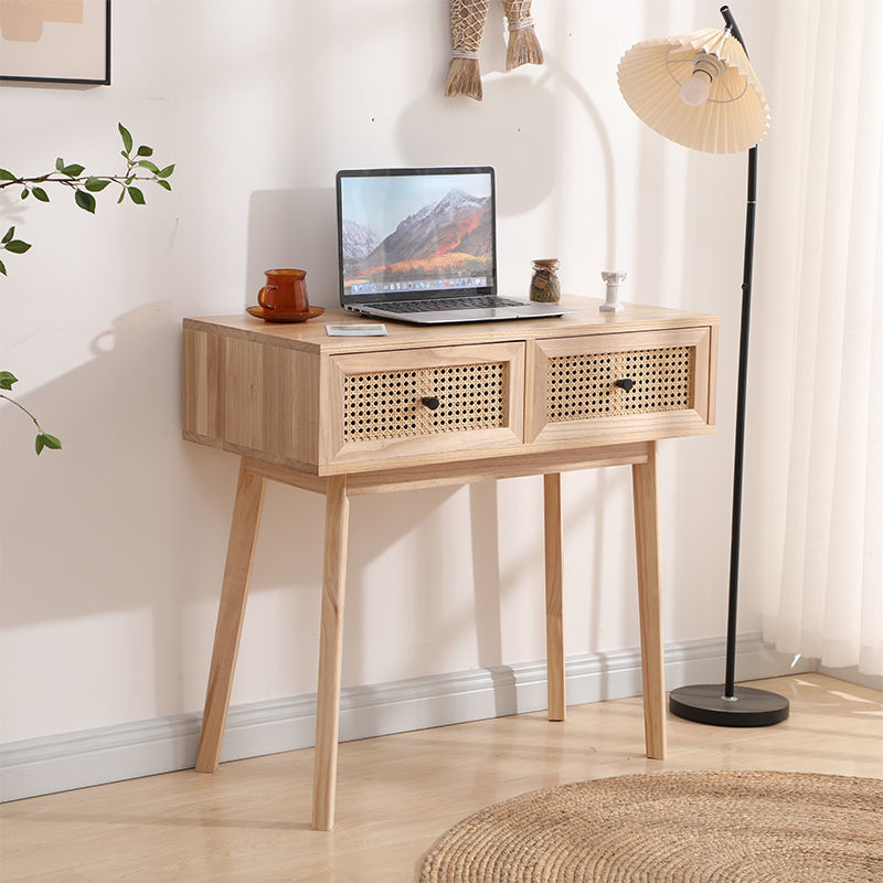 Desk Light Luxury Modern Solid Wood Rattan Desk Study Computer Desk Simple All-In-One Scandinavian Dressing Table Zhaozheng
