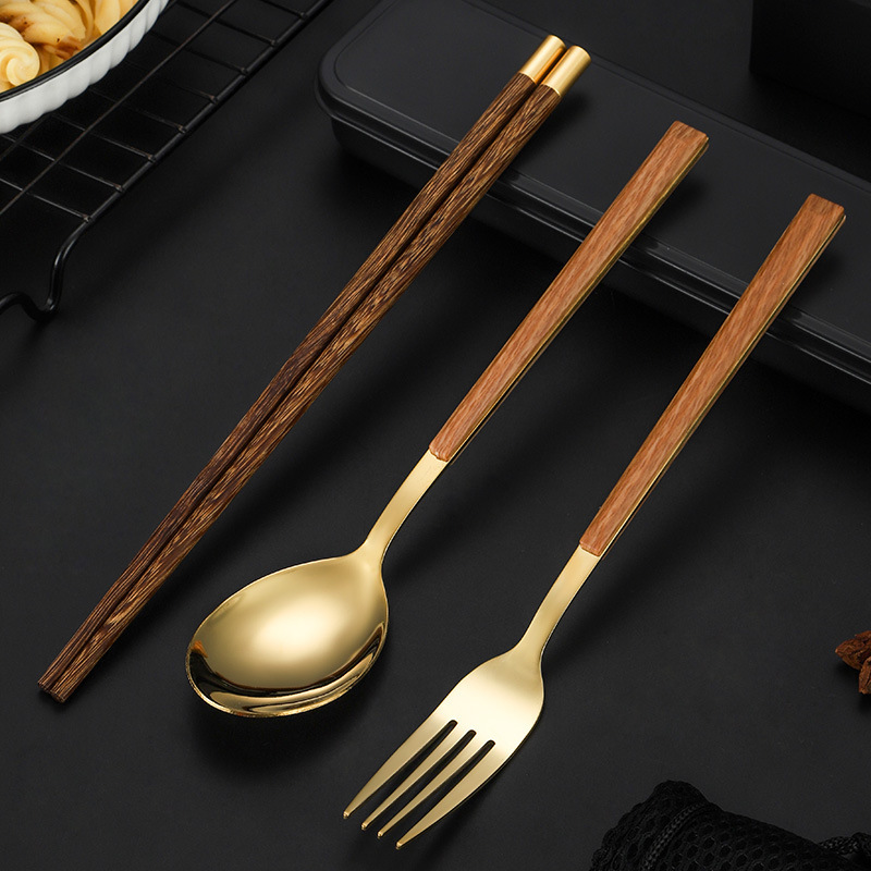 Stainless Steel Portable Tableware Creative Imitation Wood Fork Spoon Chopsticks Portuguese Spoon Fork Chicken Wings Wood Chopsticks Three-piece Set