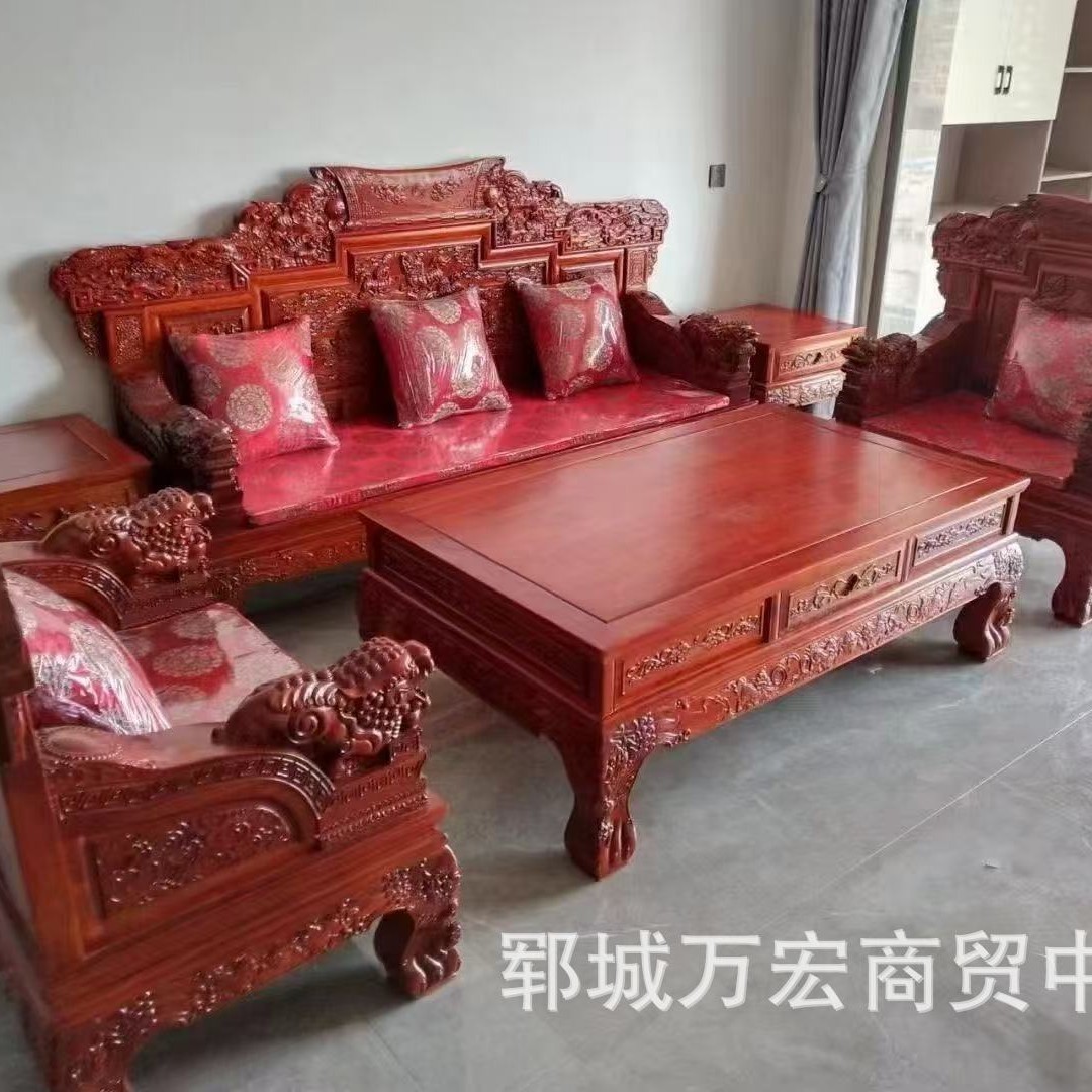 New Chinese Style Old Elm Sofa Hotel Lobby Combination Hospitality Sofa Furniture Antique Solid Wood Carved Living Room Furniture