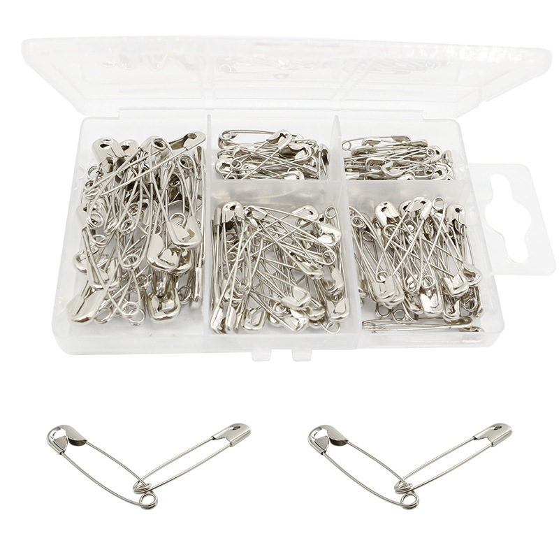 150 safety pins suit five-compartment box nickel-plated metal pins household multi-size fixed small buckle