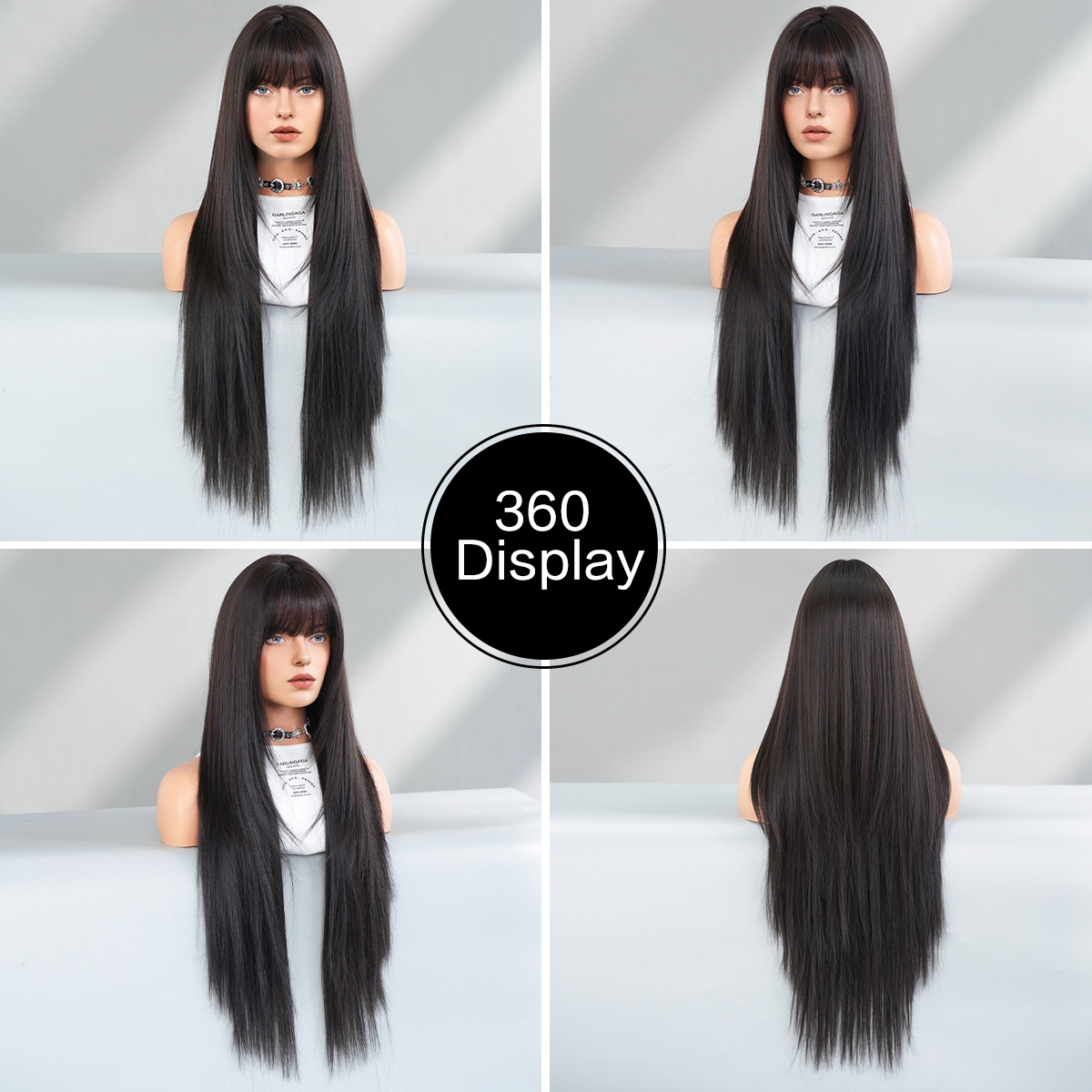 Wig Women's Fashionable Round Face Layered Super Long Straight Hair Black Full Top Wig high quality Chemical Fiber Full Head Cover with Straight Bangs