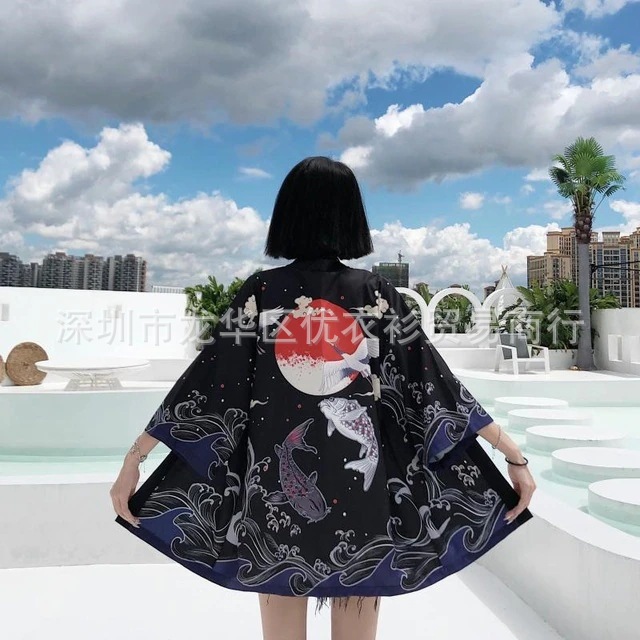 2024 Cross-border New Japanese Koi Digital Printed Kimono Men's and Women's Cloak Jacket Pajamas Cardigan Summer