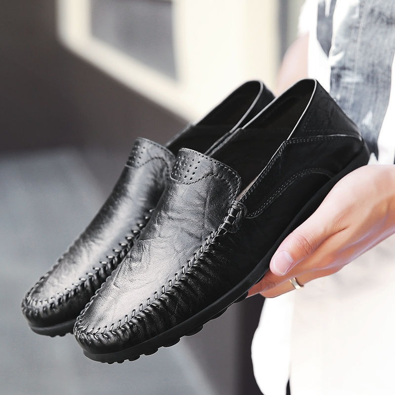 Men's Casual Leather Shoes 2025 Spring and Summer Breathable Fashionable Shoes Youth Round Toe Beanie Shoes Slip-On Slip-On Shoes