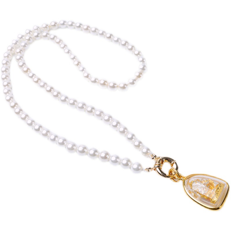 Thai Buddha Amulet Chain, Fashionable Round Pearl Oyster Necklace, Short Chain, Clavicle Chain Hanging Pendant for Women, No Fading or Peeling