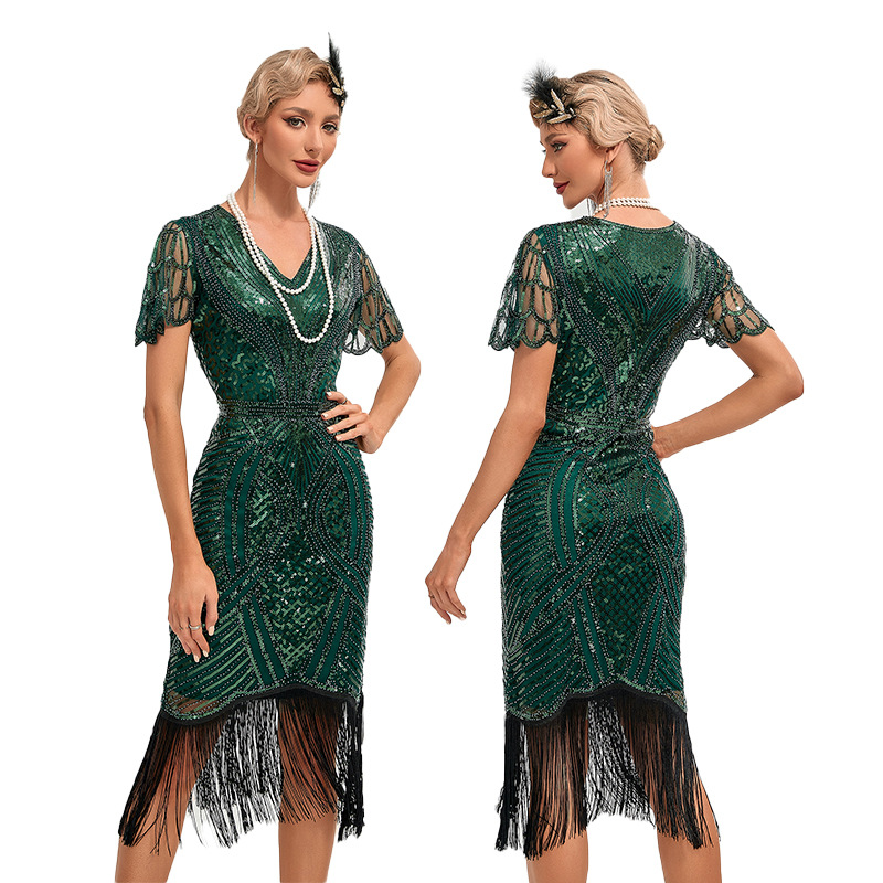 1920s retro dance party embroidered tassel dress cocktail party plus size sequined beaded mesh jumpsuit