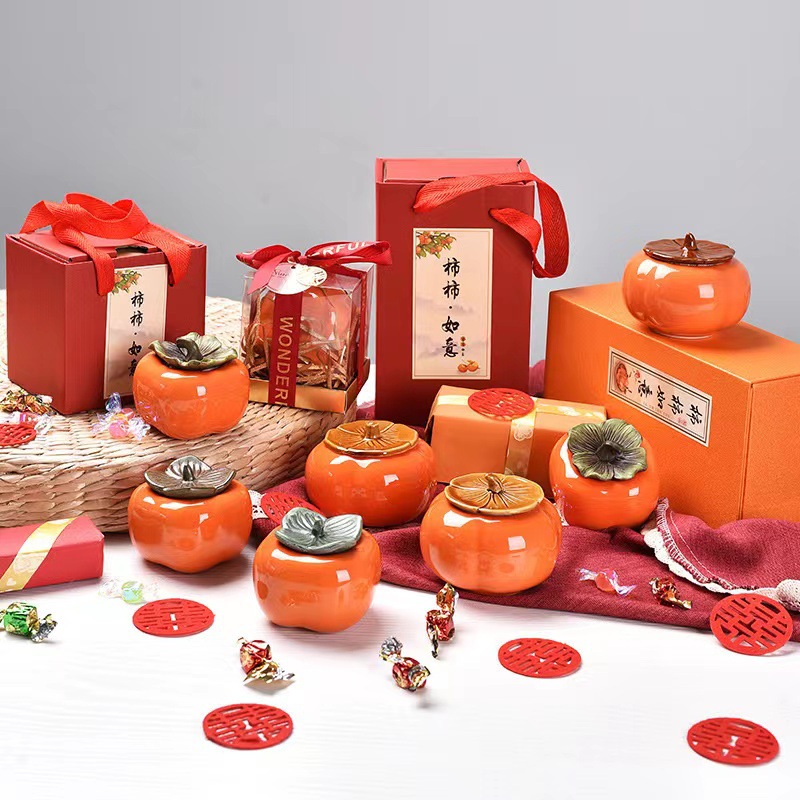 Tea Pot Ceramic Everything Sealed Pot Candy Tea Box Ruyi Accompanying Gift Wedding Candy Pot Persimmon Gift