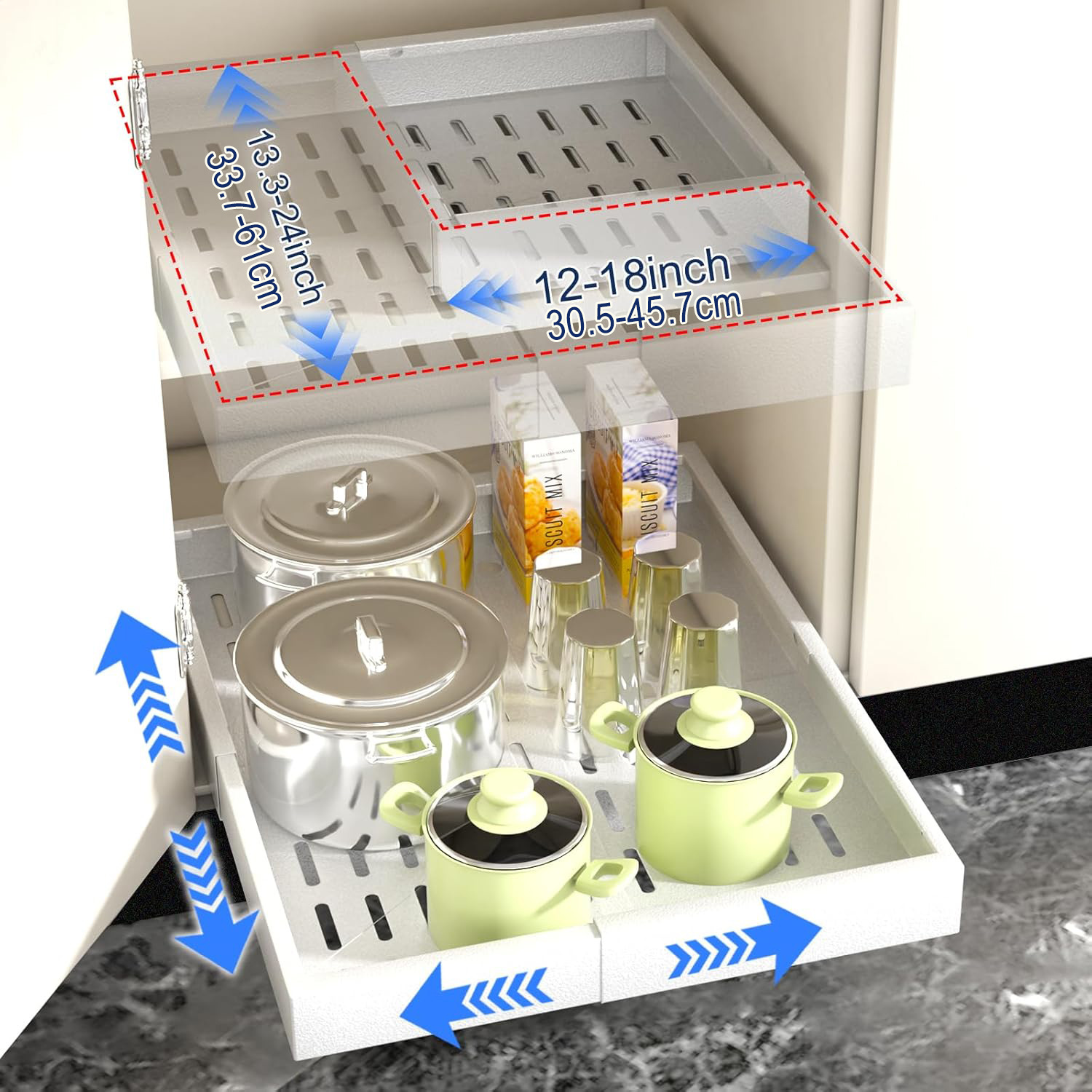 Выдвижной ящик для хранения с регулируемой шириной 12"-18" и глубиной 13.3-24", регулируемые ящики