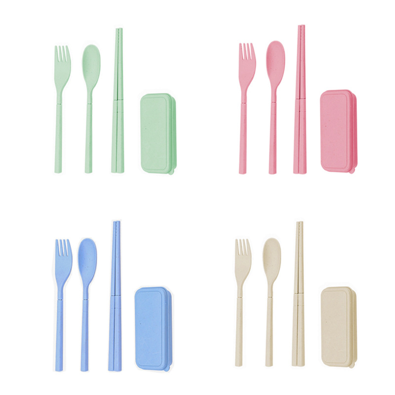 Wheat straw removable portable tableware suit outdoor picnic spoon fork chopsticks plastic tableware storage box wholesale