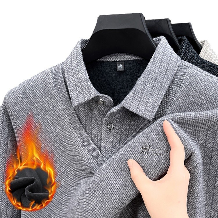 2024 Young and Middle-aged New Men's Knitted fleece-lined Fake Two-piece T-shirt Lel Base Top Shirt Collar Sweater