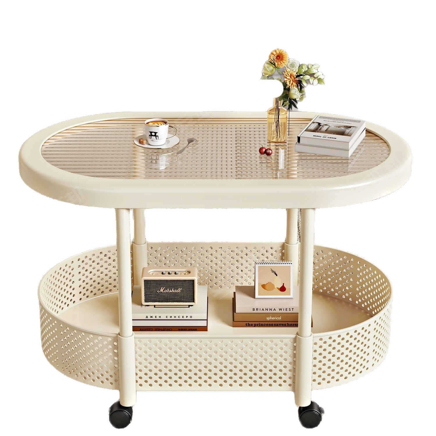 Cream Style Living Room Floor-Standing Mobile Coffee Table Complete Set of Furniture Storage Racks Layered Storage Sofa Coffee Table Side Table