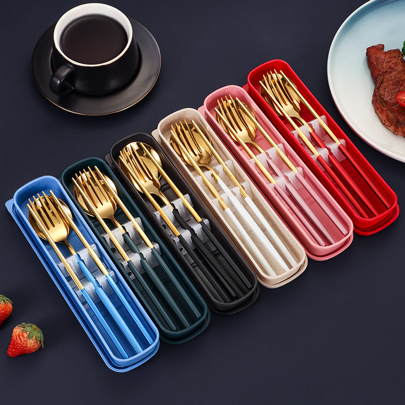 Портативные столовые приборы из нержавеющей стали, три предмета: вилка, ложка, палочки, подарок для студентов