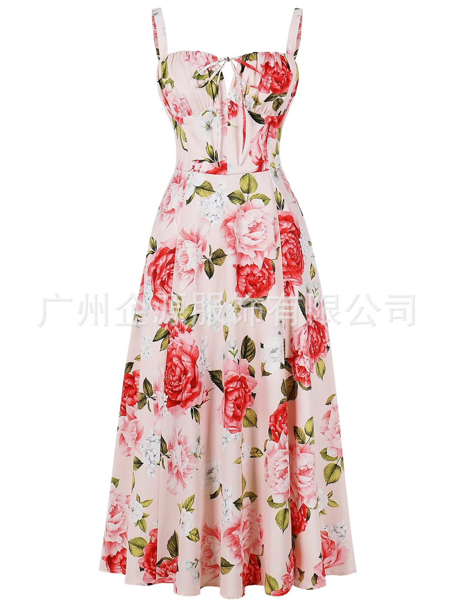 Cross-border Europe and the United States 2025 Amazon Summer New Sling Printed dress Waist Mid-length Dress Party Dress Women