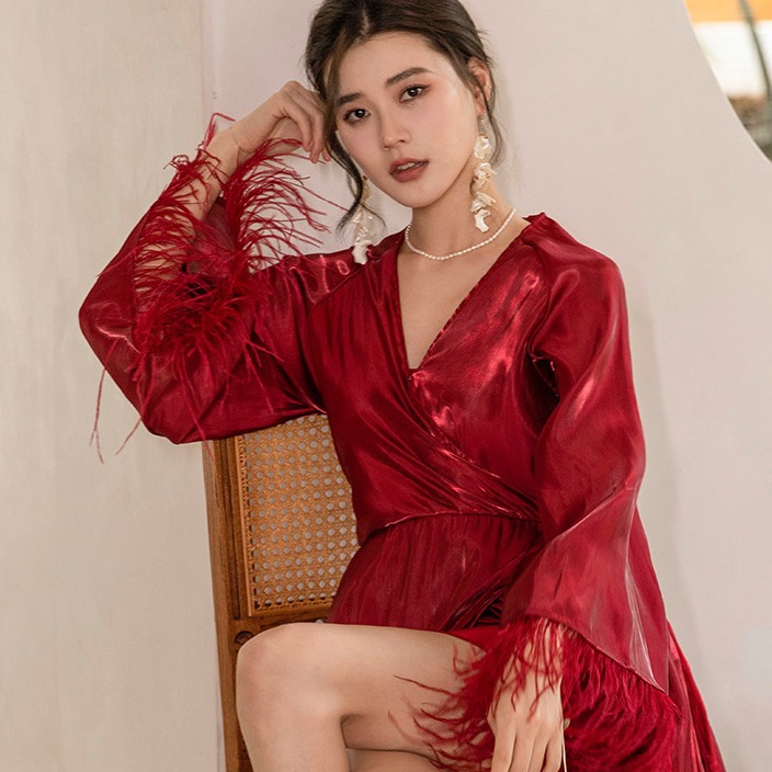 Fairy Morning Gown Female Bride Sexy Nightgown Wedding Pajamas Feather Bathrobe Premium Sense French Bridesmaid Morning Gown Fairy