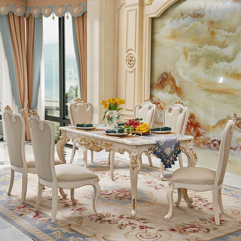 European-Style House Leather Solid Wood Sofa Pearl White Gold Foil Luxury Marble Coffee Table Living Room Bedroom Furniture