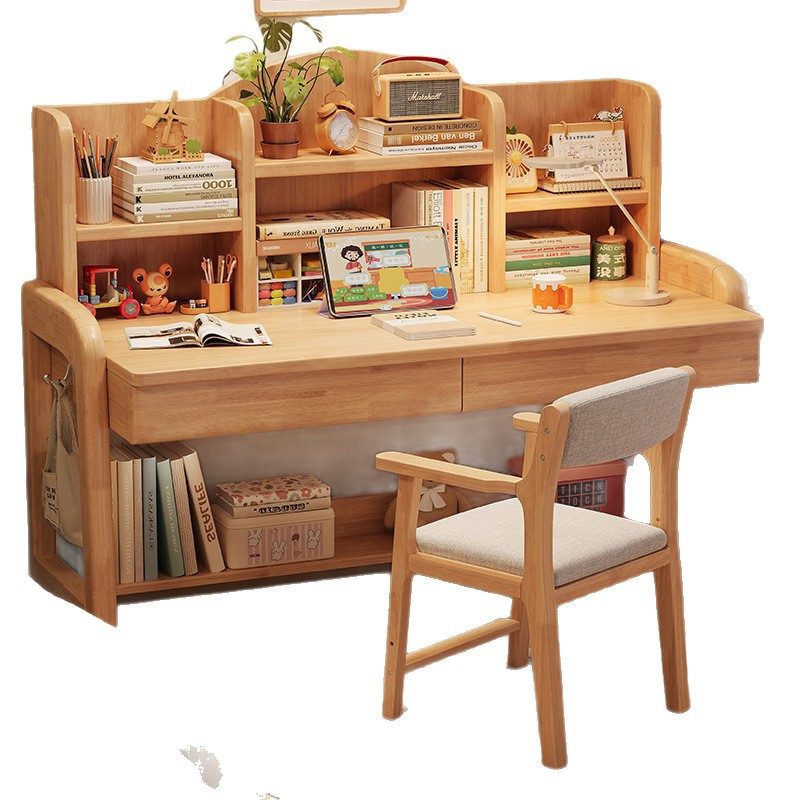 Solid Wood Desk Manual Adjustable Table Middle School Student Desk Bedroom Home Simple Desk Bookshelf Desk + Writing Chair