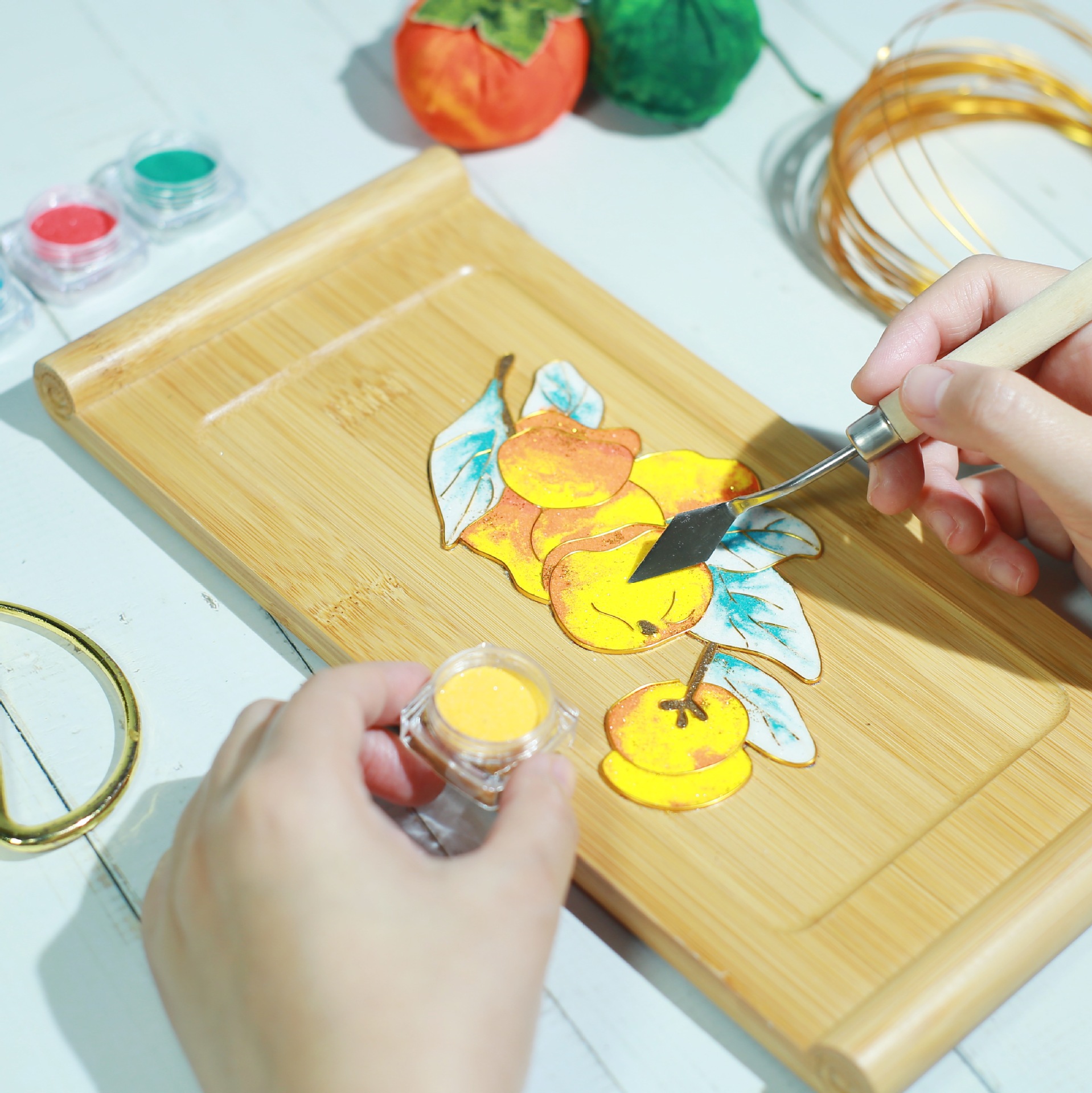 Cloisonné Enamel Painting, Handmade DIY Material Kit, Tea Tray, Coaster, Bamboo Wood, Chinese Style Ornament